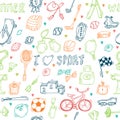 Seamless pattern with hand drawn sport equipment. I love sport