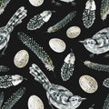 Seamless pattern with hand-drawn spotted feathers, birds and eggs on a dark background