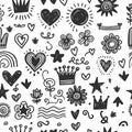 Seamless pattern hand drawn star, heart, crown, flower, sun Royalty Free Stock Photo