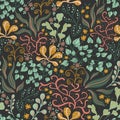 Seamless pattern in a hand-drawn style. An intricate plant with leaves and berries of green, orange and pink flowers Royalty Free Stock Photo