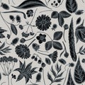 Seamless pattern with hand drawn stylized aloe, calendula, lily of the valley, nettle, strawberry, valerian Royalty Free Stock Photo