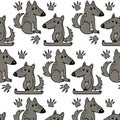 seamless pattern hand-drawn stylized funny wolves and paw prints, for textile