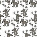 seamless pattern hand-drawn stylized funny wolves and paw prints, for textile