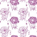 Seamless pattern, hand-drawn stylized poppies, contour and colored pastel lilac colors on a white background. Print, textiles Royalty Free Stock Photo