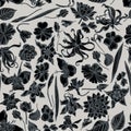 Seamless pattern with hand drawn stylized ylang-ylang, impatiens, daffodil, tigridia, lotus, aquilegia
