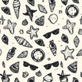 A seamless pattern with hand-drawn summer beach doodles and vacation icons, suitable for fun elements, illustrations Royalty Free Stock Photo