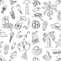 Seamless Pattern of Hand Drawn Summer Vacancies Symbols. Children Drawings of Doodle Boats, Ice cream, Palms, Hat, Umbrella