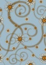 Seamless pattern with hand drawn sunflowers on light blue damask background Royalty Free Stock Photo