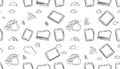 Seamless pattern of hand-drawn tablets, smartphones, clouds, and Royalty Free Stock Photo