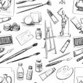 Seamless pattern of hand drawn tools and materials the artist Royalty Free Stock Photo