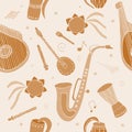 Seamless pattern with hand drawn traditional Slavic, Ukrainian musical instruments.