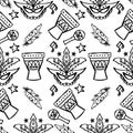 Seamless pattern with hand drawn tribal mask, drum and feathers. Black and white. Royalty Free Stock Photo