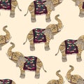 Seamless pattern with hand-drawn tribal styled elephant. Royalty Free Stock Photo