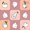 Seamless pattern.Hand drawn tropical and exotic fruits isolated on pink colored background in unique trendy organic style. Illust