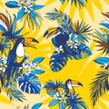 Seamless pattern Hand drawn Tropical monstera palm leaves, flowers, birds. Royalty Free Stock Photo