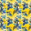 Seamless pattern Hand drawn Tropical monstera palm leaves, flowers, birds. Royalty Free Stock Photo