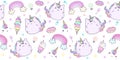 Seamless pattern with hand drawn unicorn in pastel color. Kawaii unicorn background