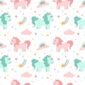 Seamless pattern with hand drawn unicorns, pony, stars, rainbows and comets on a dark white background