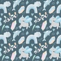 Seamless pattern with hand drawn unicorns with wings and magic elements