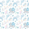 Seamless pattern with hand drawn unicorns with wings and magic elements