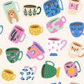 Seamless pattern with Hand drawn various Coffee and tea cup. Vector illustration Royalty Free Stock Photo