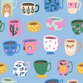 Seamless pattern with Hand drawn various Coffee and tea cup. Vector illustration Royalty Free Stock Photo