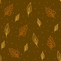 Seamless pattern with hand drawn vector abstract blue leaves and dots,tender autumn illustration for wrap,cover and