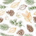 Seamless pattern. Hand drawn vector illustrations - Forest Autumn collection. Spruce branches, acorns, pine cones, fall leaves. D