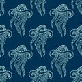 Seamless pattern with Hand-drawn vector jellyfish with ornament. White on blue. Background for fabric and other surfaces Royalty Free Stock Photo