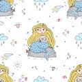 Seamless pattern with Hand drawn vector little mermaid