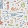 Seamless pattern with hand-drawn vintage sewing tools. Scissors, buttons, threads, needles, pins, spools, tailor meter Royalty Free Stock Photo