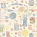 Seamless pattern with hand-drawn vintage sewing tools. Buttons, threads, needles, pins, spools. Sketch engraving style Royalty Free Stock Photo