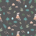 Seamless pattern with hand drawn volcanoes, palms, stones, cactuses, leaves in scandinavian style