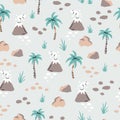 Seamless pattern with hand drawn volcanoes, palms, stones, leaves in scandinavian style