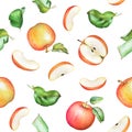 Seamless pattern with hand drawn watercolor apple fruits and green leaves Royalty Free Stock Photo