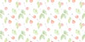 Seamless pattern with hand drawn watercolor berry set. Endless ink illustration of cherry bunch with leaves. Sketch of s