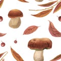 Seamless pattern of hand-drawn watercolor ceps, orange autumn leaves and twigs and red berries