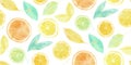 Seamless pattern of hand drawn watercolor citrus fruit and leaf set, endless illustration of lemon, lime and orange slices. Royalty Free Stock Photo