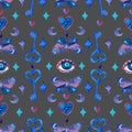 Seamless pattern with hand-drawn watercolor elements. Mystical watercolor background.