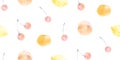 Seamless pattern with hand drawn watercolor fruit set. Endless ink illustration of peach, orange, and cherry. Sketch of