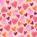 Seamless pattern with hand-drawn watercolor hearts on a pink background. Valentine`s day texture for design of wrapping
