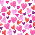Seamless pattern with hand-drawn watercolor hearts on a white background. Valentine`s day texture for design of wrapping