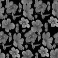 Seamless pattern of hand-drawn watercolor illustrations of Hawaiian hibiscus flowers. Bright tropical flowers on a black