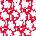 Seamless pattern of hand-drawn watercolor illustrations of Hawaiian hibiscus flowers. Bright tropical flowers on a red