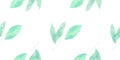 Seamless pattern of hand drawn watercolor leaf set, endless monochrome illustration of green and mint leaves. Aquarelle sketch