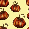 Seamless pattern hand-drawn watercolor pumpkins. It is the perfect for Thanksgiving Day, Halloween, greeting card. Print of Royalty Free Stock Photo