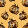 Seamless pattern hand-drawn watercolor pumpkins. It is the perfect for Thanksgiving Day, Halloween, greeting card. Print of Royalty Free Stock Photo