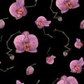 Seamless pattern of hand drawn watercolor purple orchids on the