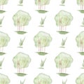 Seamless pattern with hand-drawn watercolor shrub with lush green foliage and grass on white.