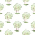 Seamless pattern with hand-drawn watercolor shrub with lush green foliage on white.